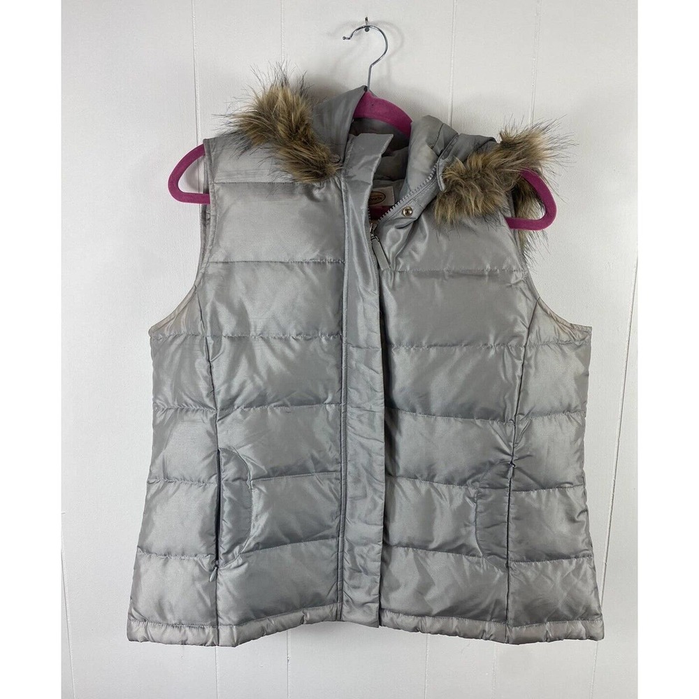 Talbots L Down Feather Puffer Vest Women Full Zip Removable Hood Faux Fur MN19